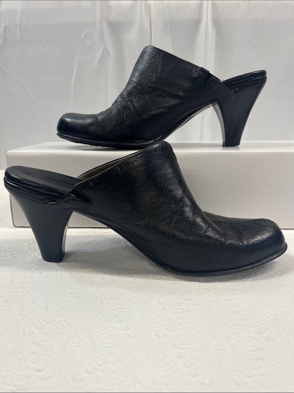 Black Leather Slip-On Mule Heels Brand Born
